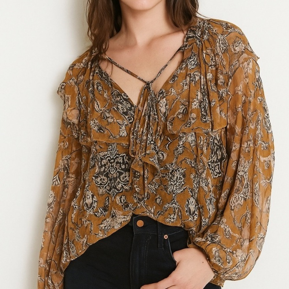 Hannah Artwear Women's Boho Sheer Floral Ruffle Tie Neck Blouse‎ Top Size 1